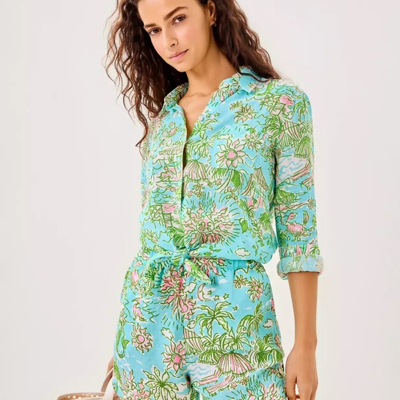 🆕 Lilly Pulitzer SEA VIEW LINEN BUTTON DOWN “Fresh Water” MSRP $168 NWT sz XL - Picture 2 of 8